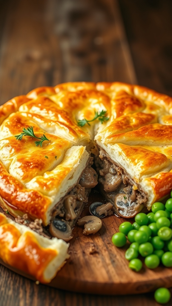 A golden air fryer steak and mushroom pie with a slice cut out, showing the filling, served with mashed potatoes and peas.